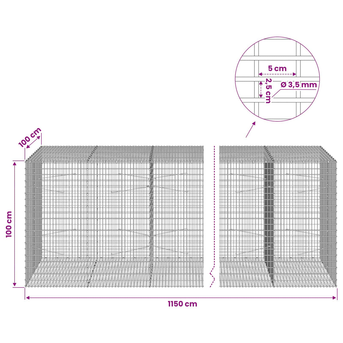 Gabion with 3.5 mm Wire and 5x2.5 cm Mesh 1150x100x100 cm