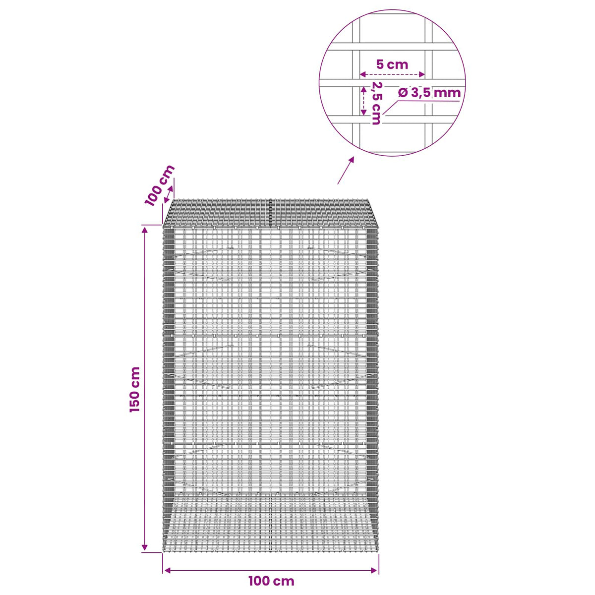Gabion with 3.5 mm Wire and 5x2.5 cm Mesh 100x100x150 cm