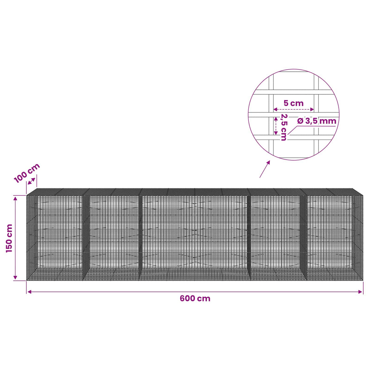 Gabion with 3.5 mm Wire and 5x2.5 cm Mesh 600x100x150 cm