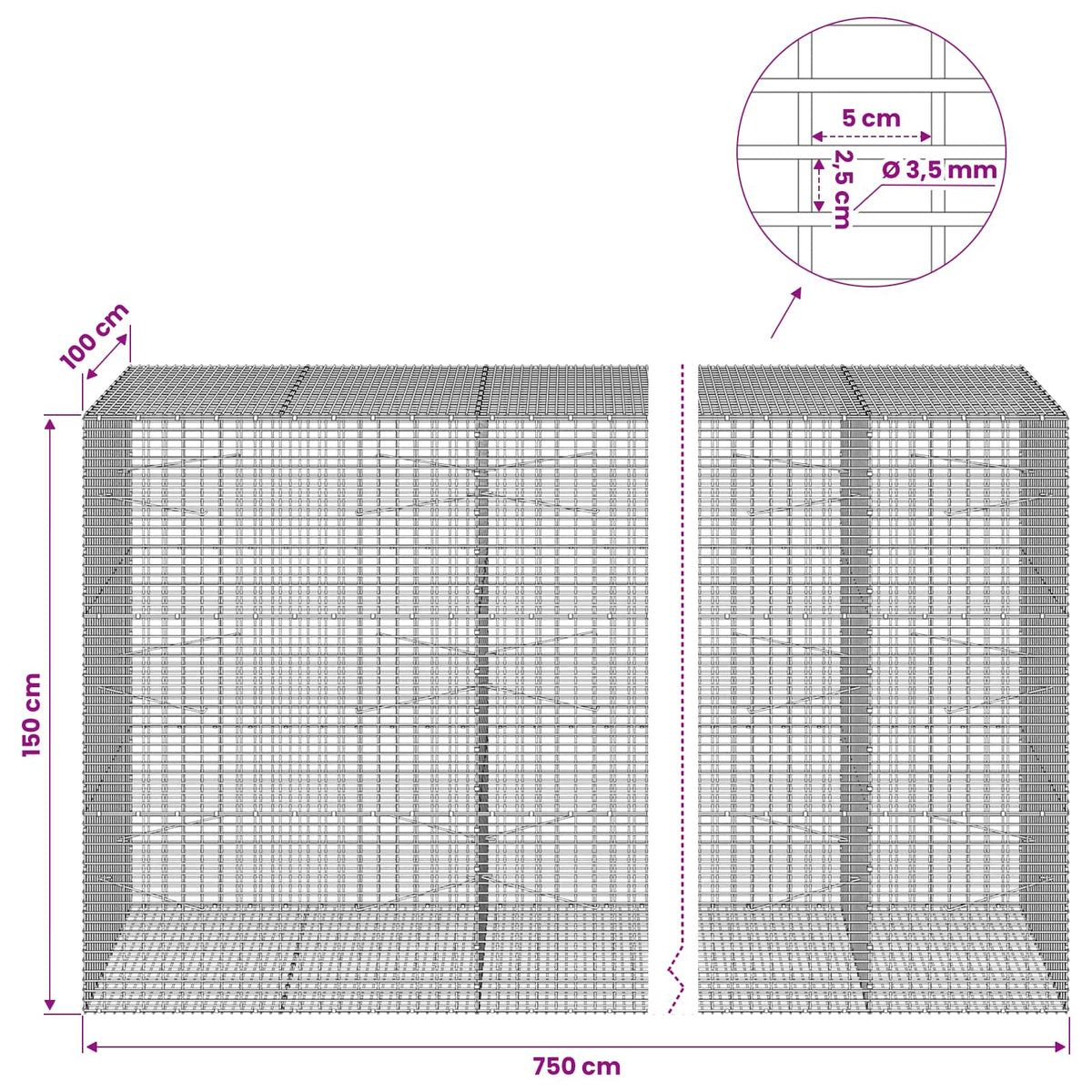 Gabion with 3.5 mm Wire and 5x2.5 cm Mesh 750x100x150 cm