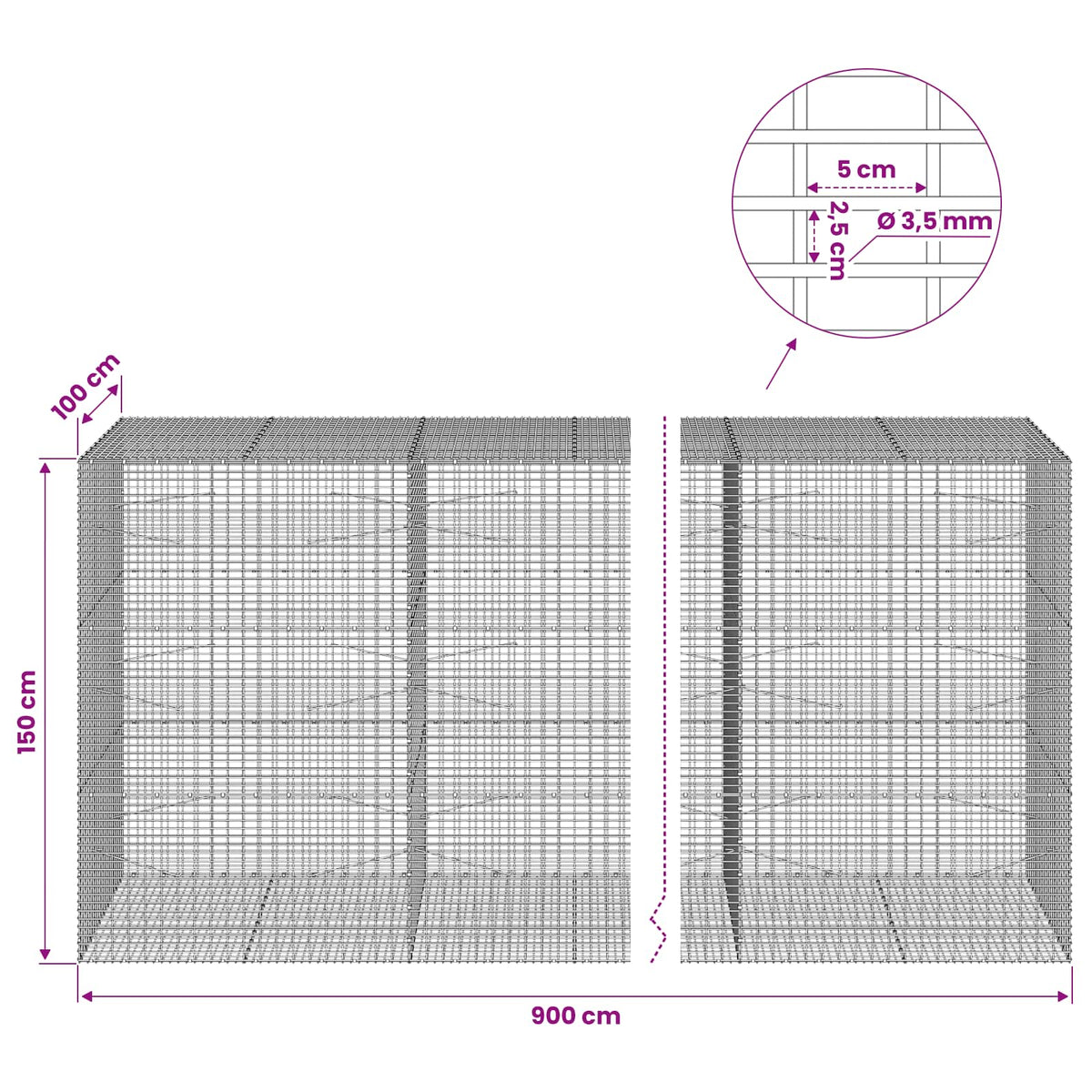 Gabion with 3.5 mm Wire and 5x2.5 cm Mesh 900x100x150 cm