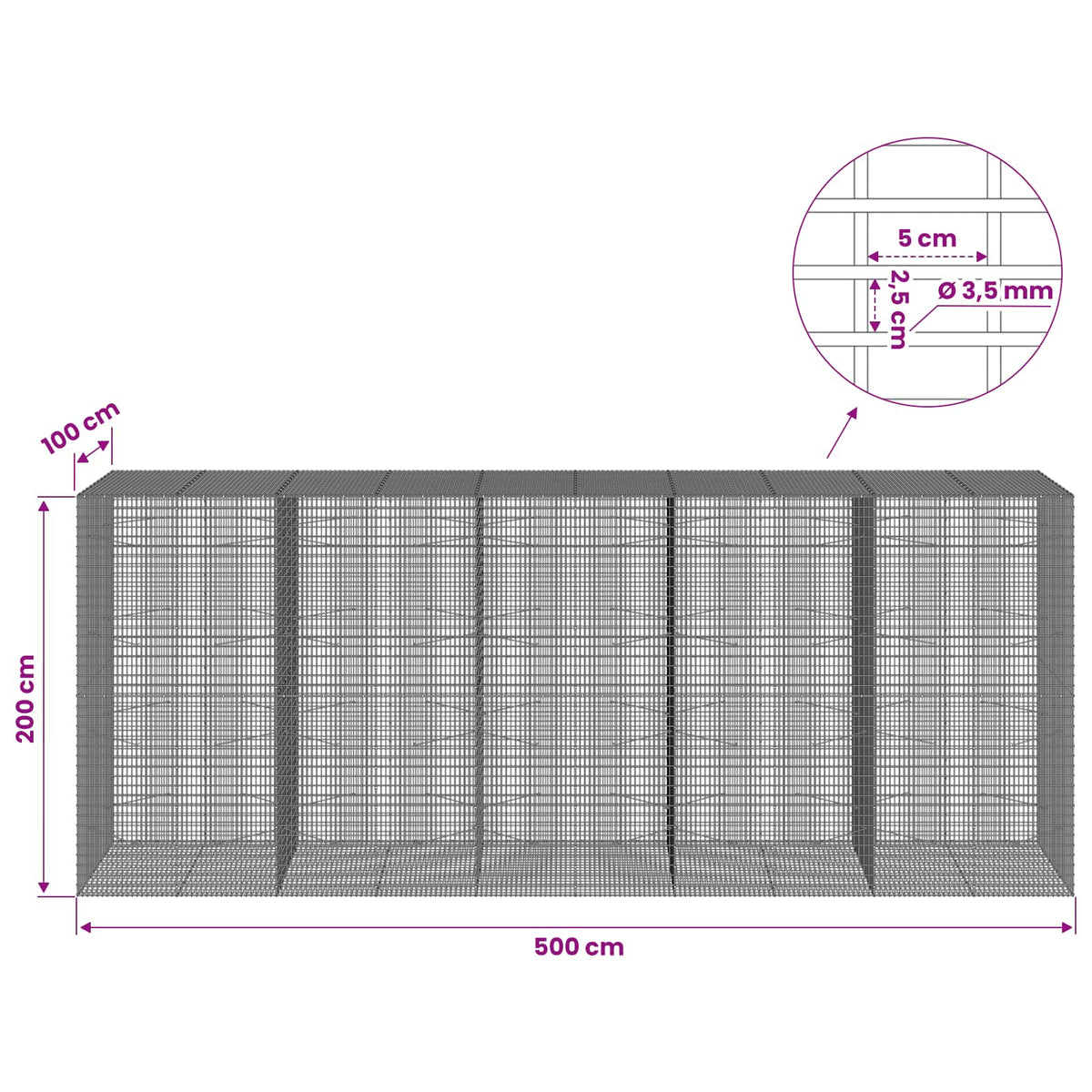 Gabion with 3.5 mm Wire and 5x2.5 cm Mesh 500x100x200 cm