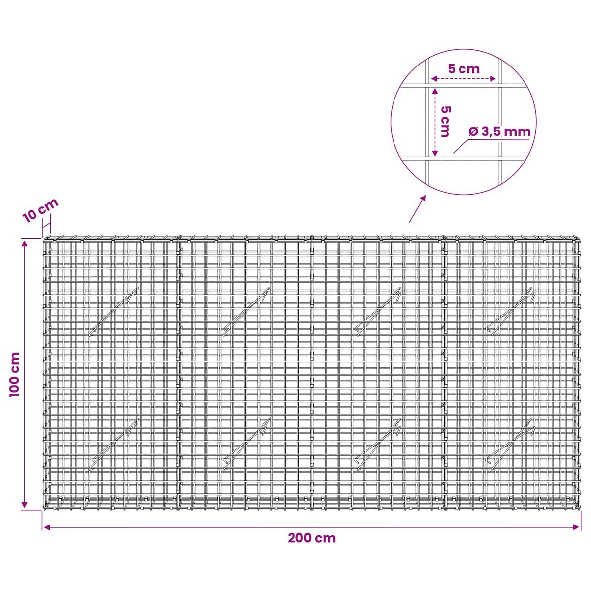 Gabion with 3.5 mm Wire and 5x5 cm Mesh 200x10x100 cm