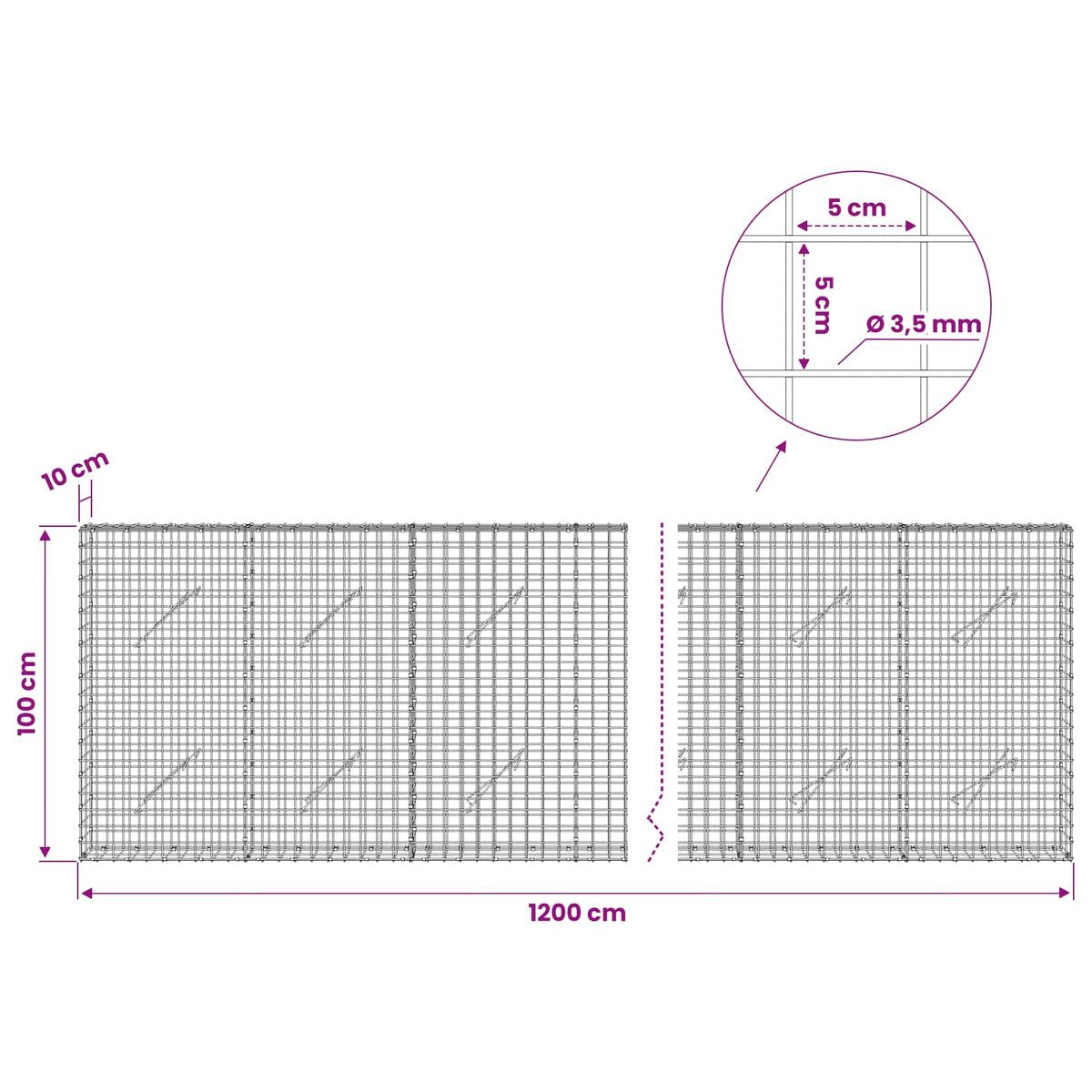 Gabion with 3.5 mm Wire and 5x5 cm Mesh 1200x10x100 cm