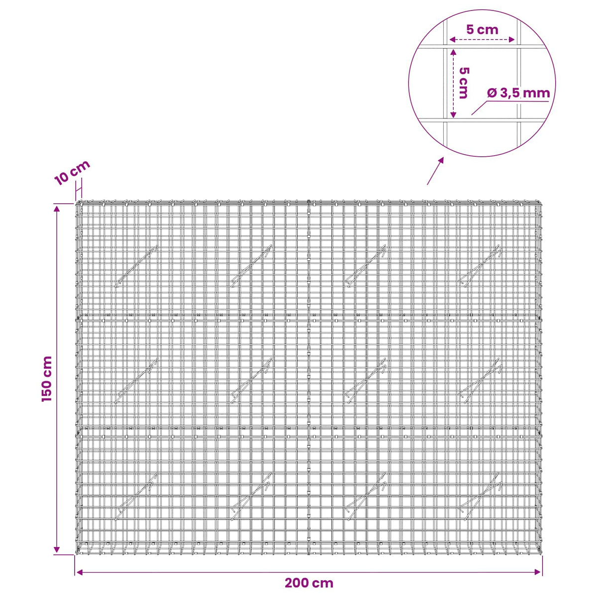 Gabion with 3.5 mm Wire and 5x5 cm Mesh 200x10x150 cm