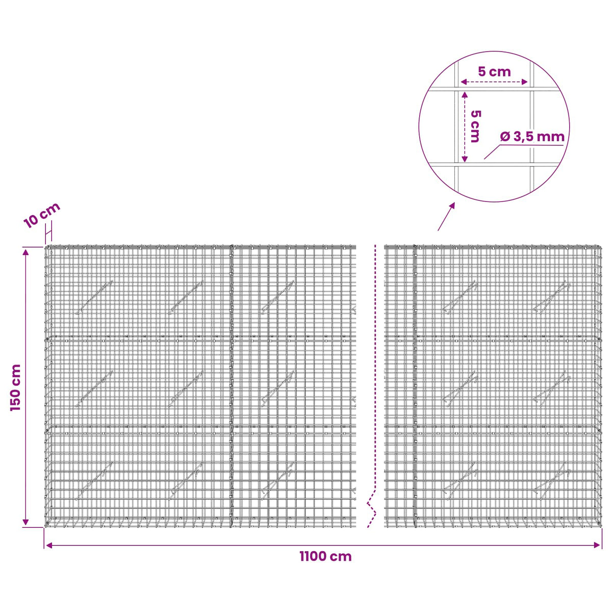 Gabion with 3.5 mm Wire and 5x5 cm Mesh 1100x10x150 cm