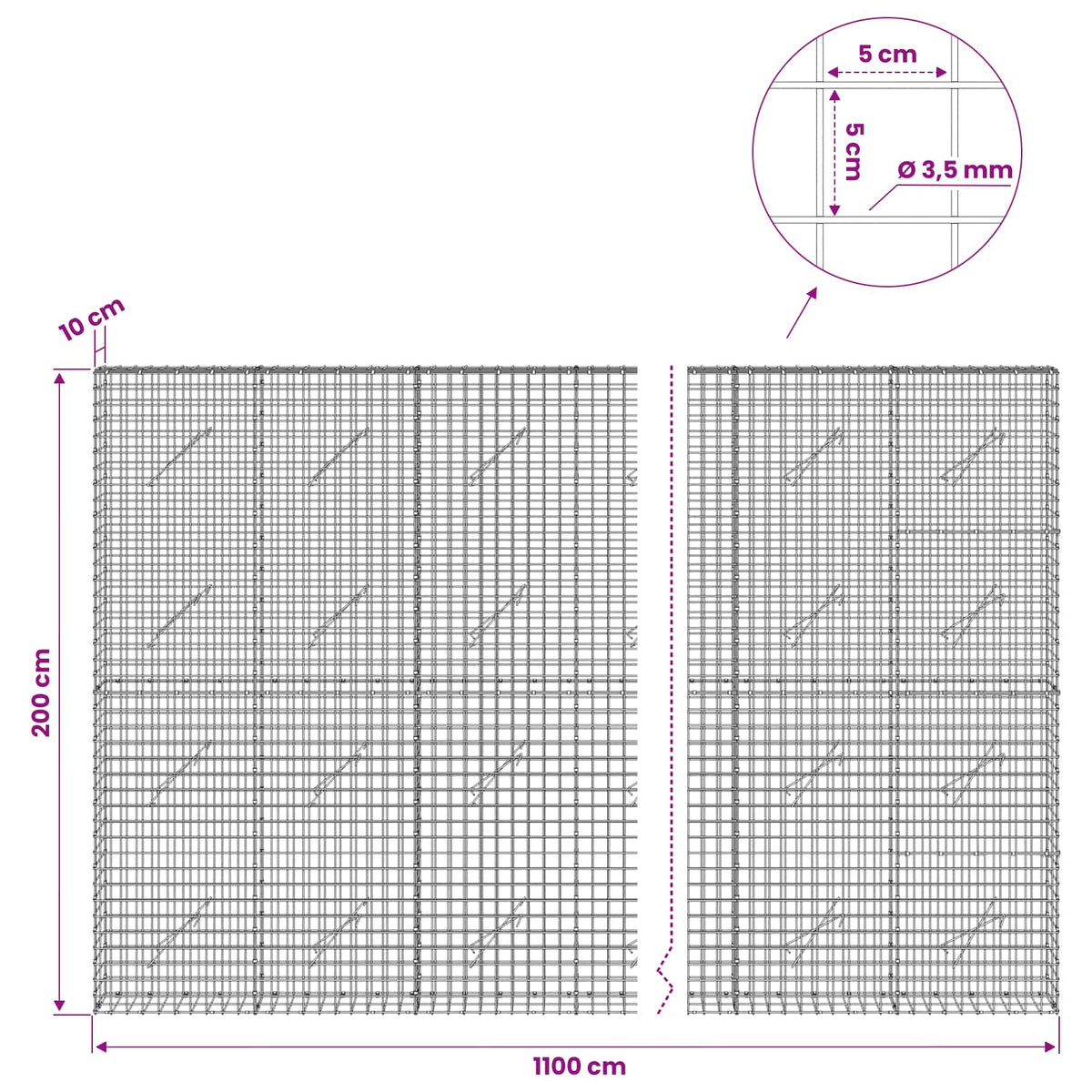 Gabion with 3.5 mm Wire and 5x5 cm Mesh 1100x10x200 cm