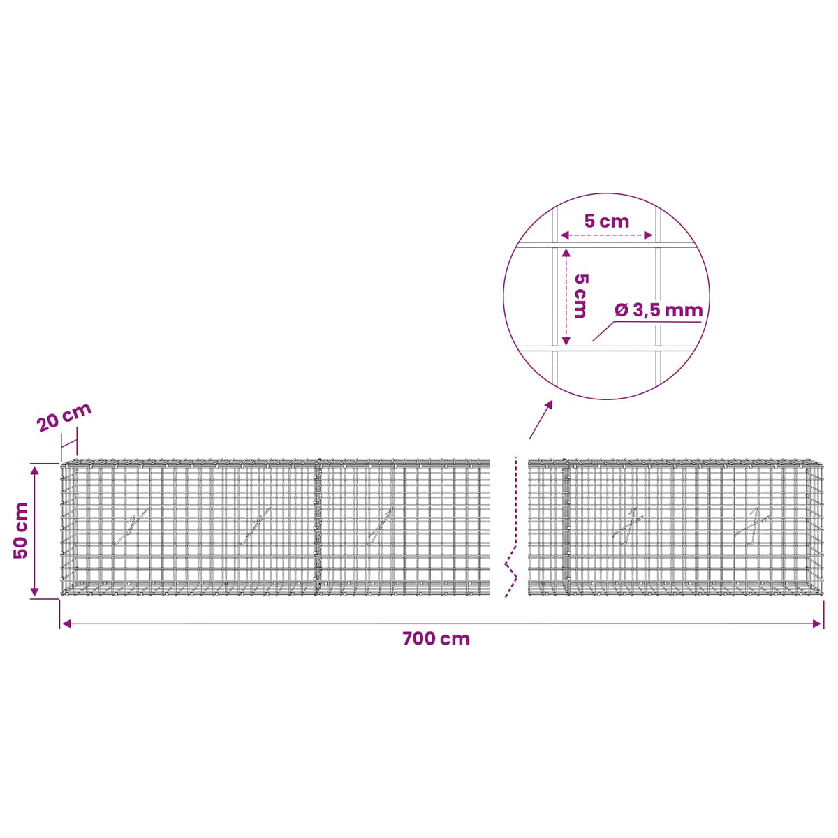 Gabion with 3.5 mm Wire and 5x5 cm Mesh 700x20x50 cm
