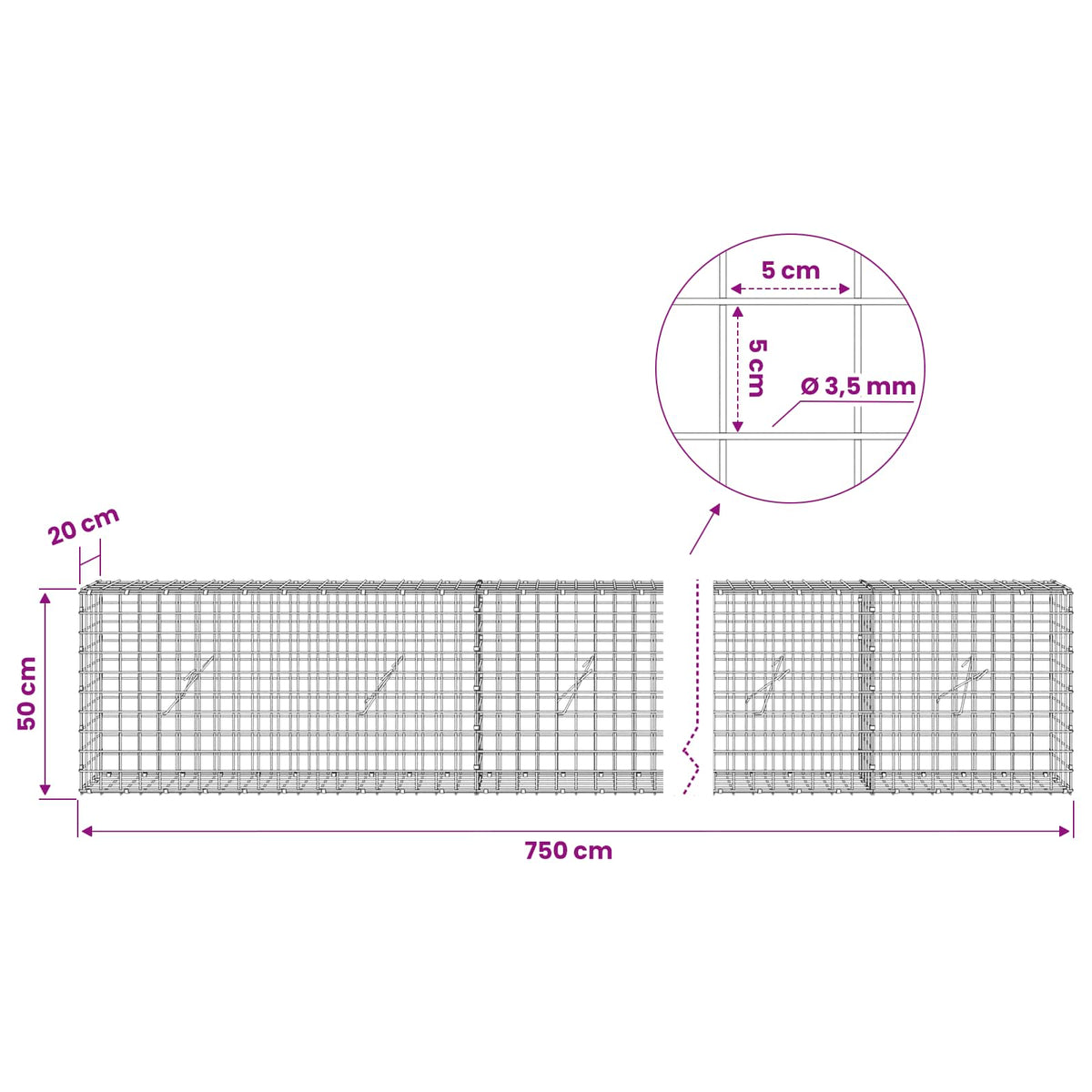 Gabion with 3.5 mm Wire and 5x5 cm Mesh 750x20x50 cm