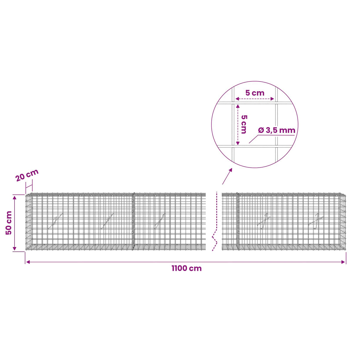 Gabion with 3.5 mm Wire and 5x5 cm Mesh 1100x20x50 cm