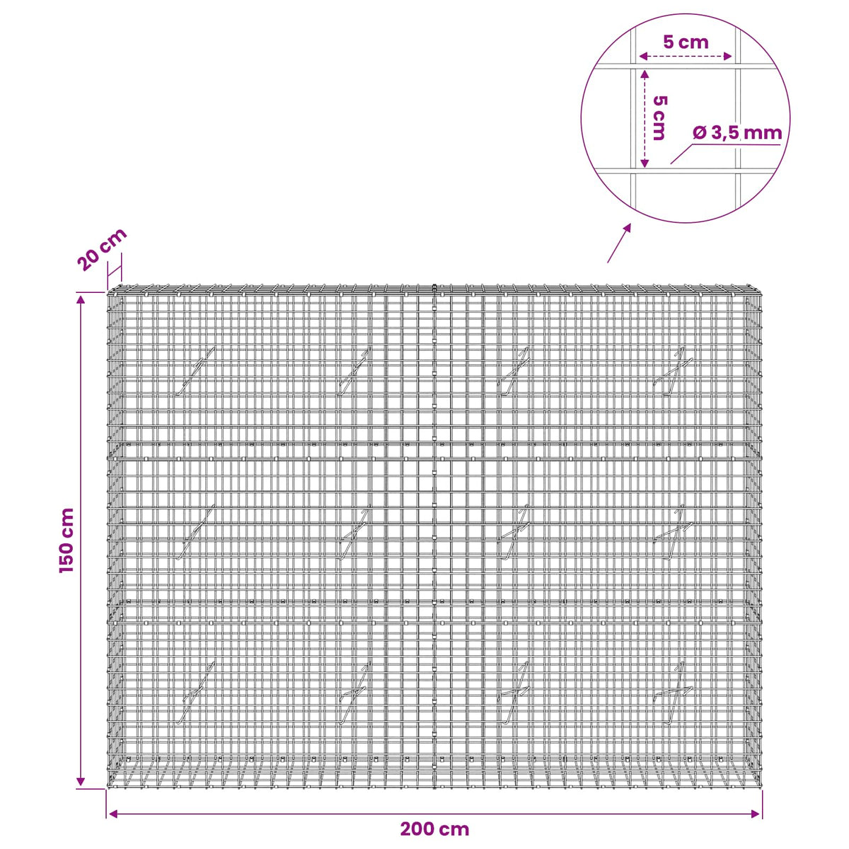 Gabion with 3.5 mm Wire and 5x5 cm Mesh 200x20x150 cm