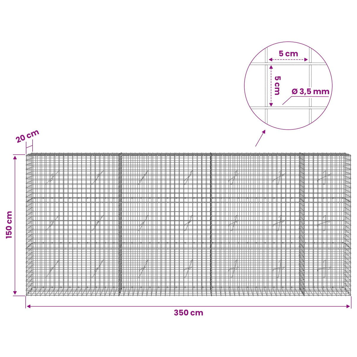 Gabion with 3.5 mm Wire and 5x5 cm Mesh 350x20x150 cm