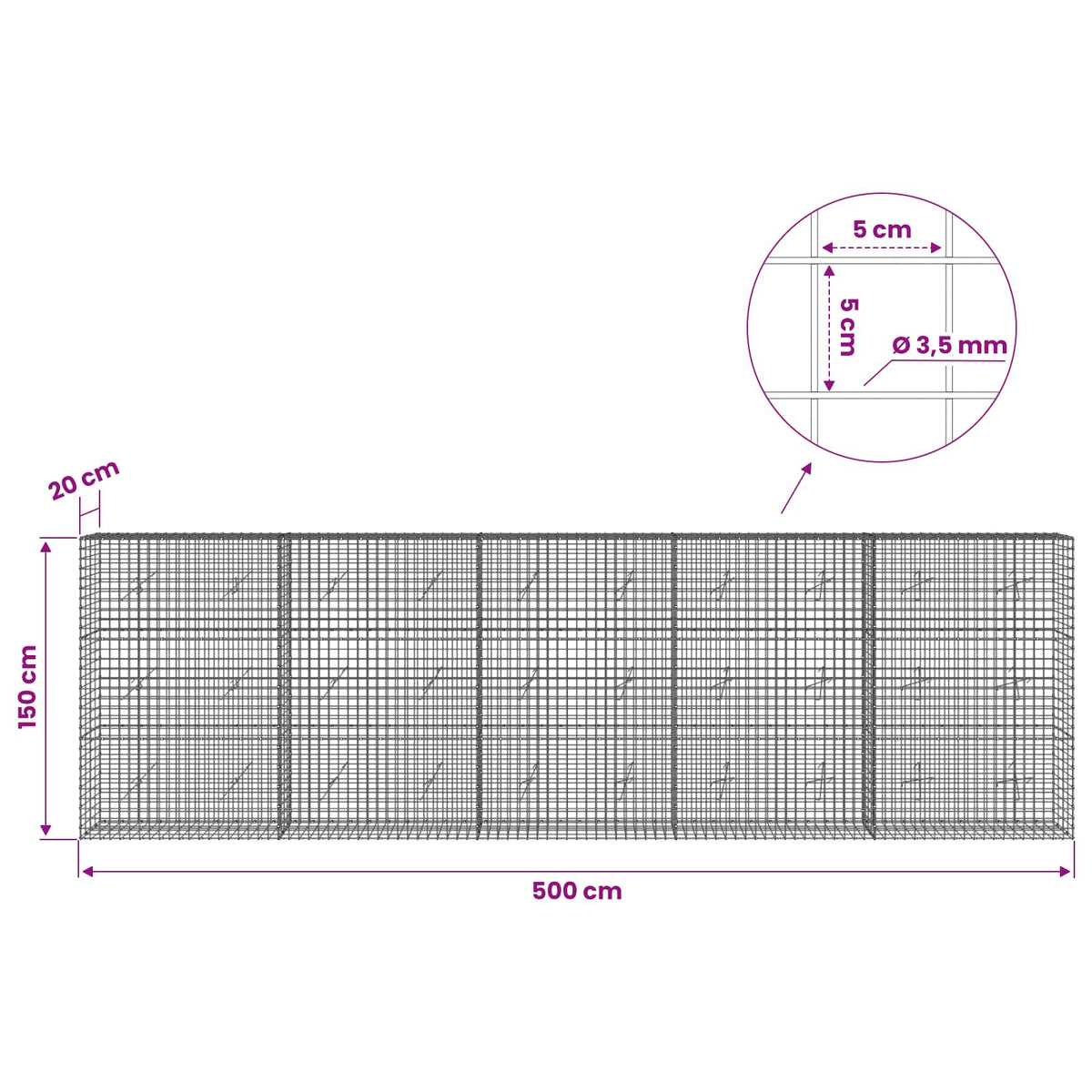 Gabion with 3.5 mm Wire and 5x5 cm Mesh 500x20x150 cm