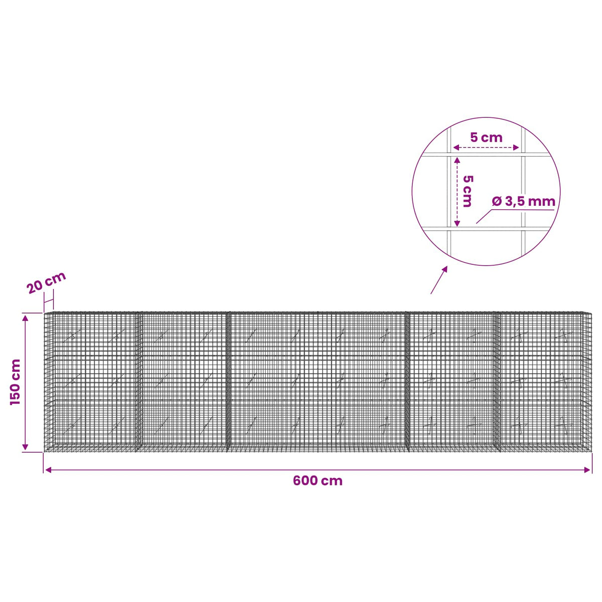 Gabion with 3.5 mm Wire and 5x5 cm Mesh 600x20x150 cm