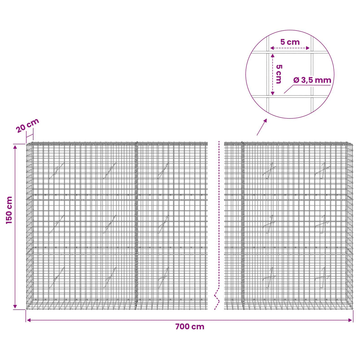 Gabion with 3.5 mm Wire and 5x5 cm Mesh 700x20x150 cm