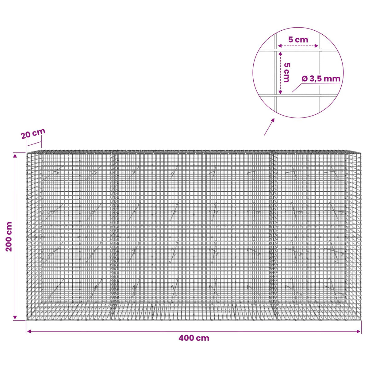 Gabion with 3.5 mm Wire and 5x5 cm Mesh 400x20x200 cm