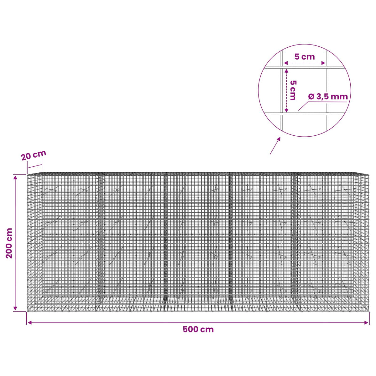 Gabion with 3.5 mm Wire and 5x5 cm Mesh 500x20x200 cm