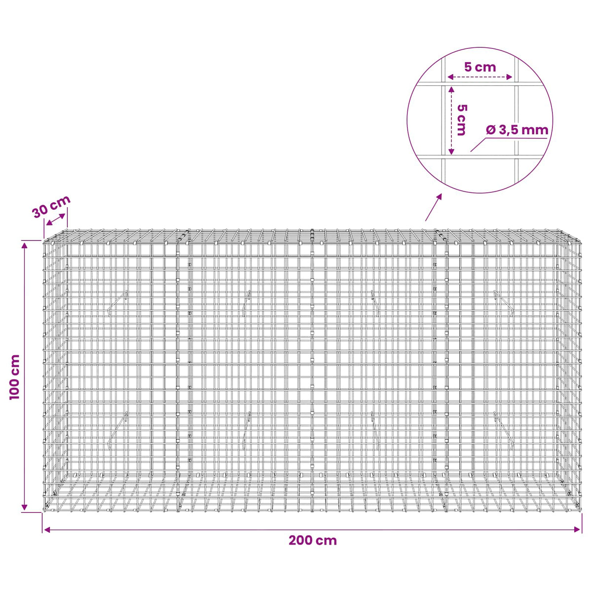 Gabion with 3.5 mm Wire and 5x5 cm Mesh 200x30x100 cm