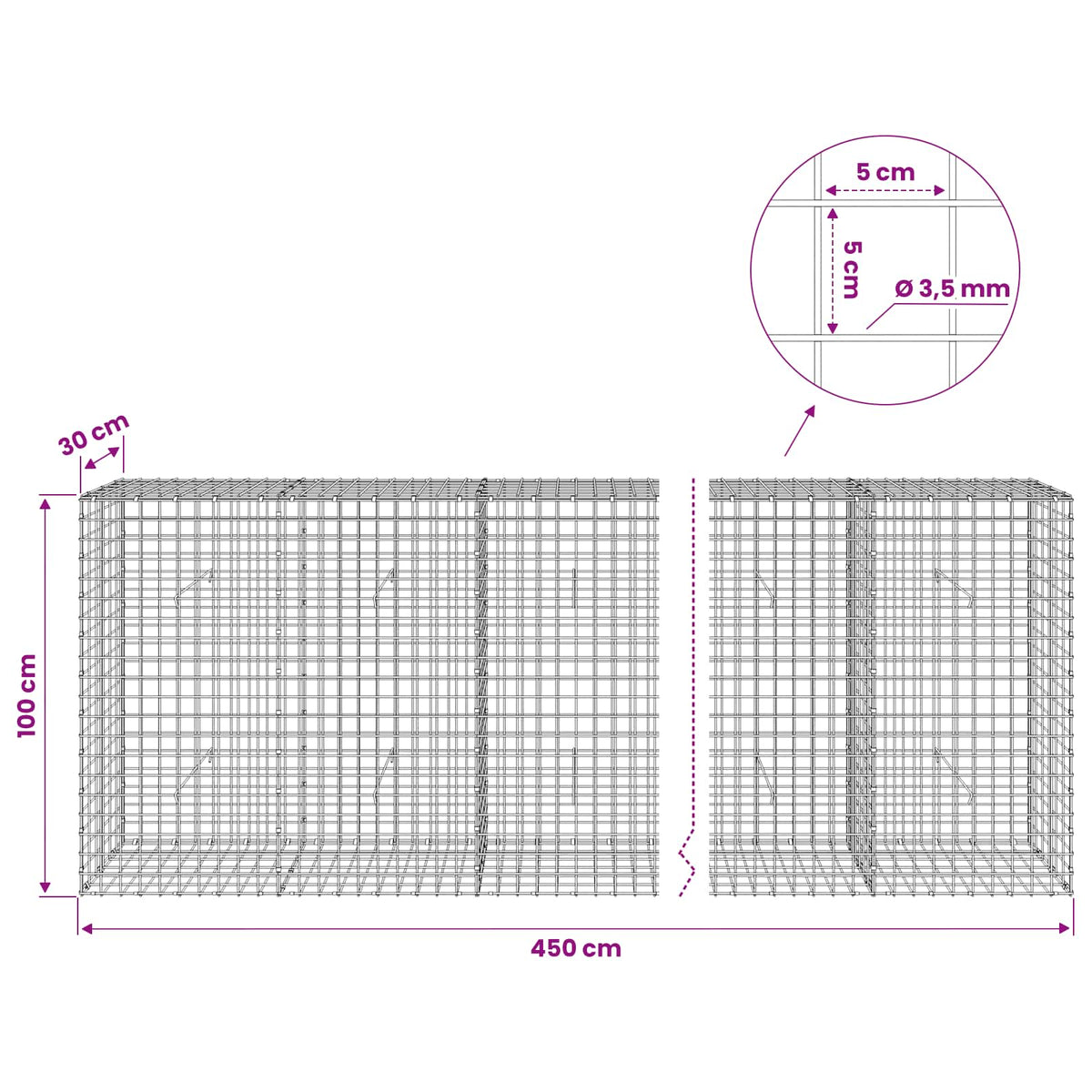 Gabion with 3.5 mm Wire and 5x5 cm Mesh 450x30x100 cm