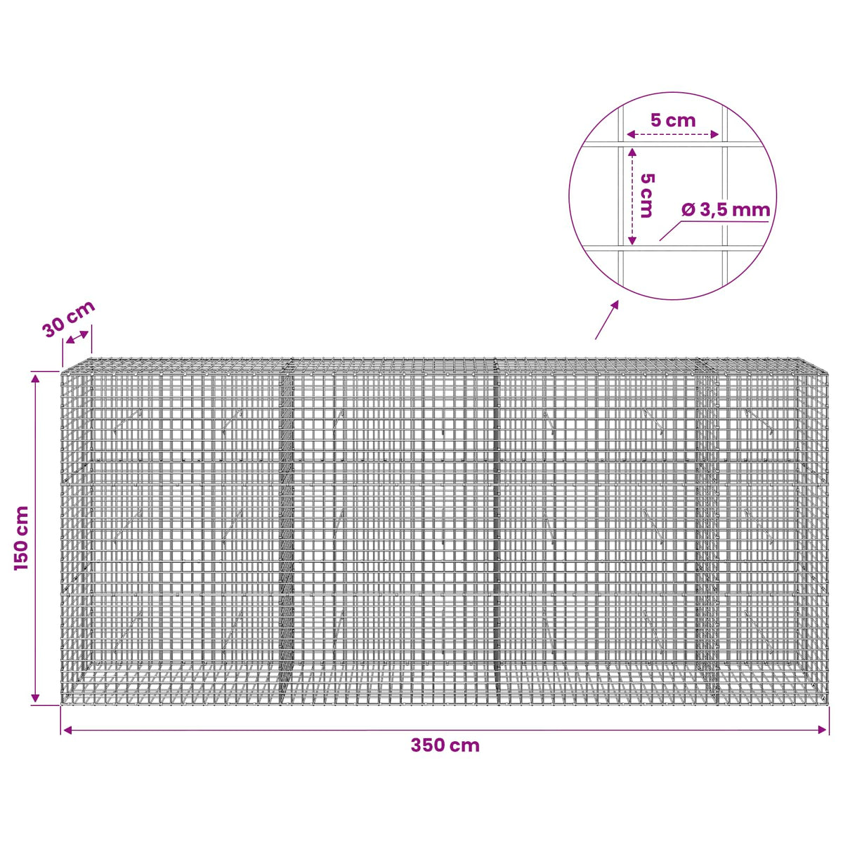 Gabion with 3.5 mm Wire and 5x5 cm Mesh 350x30x150 cm