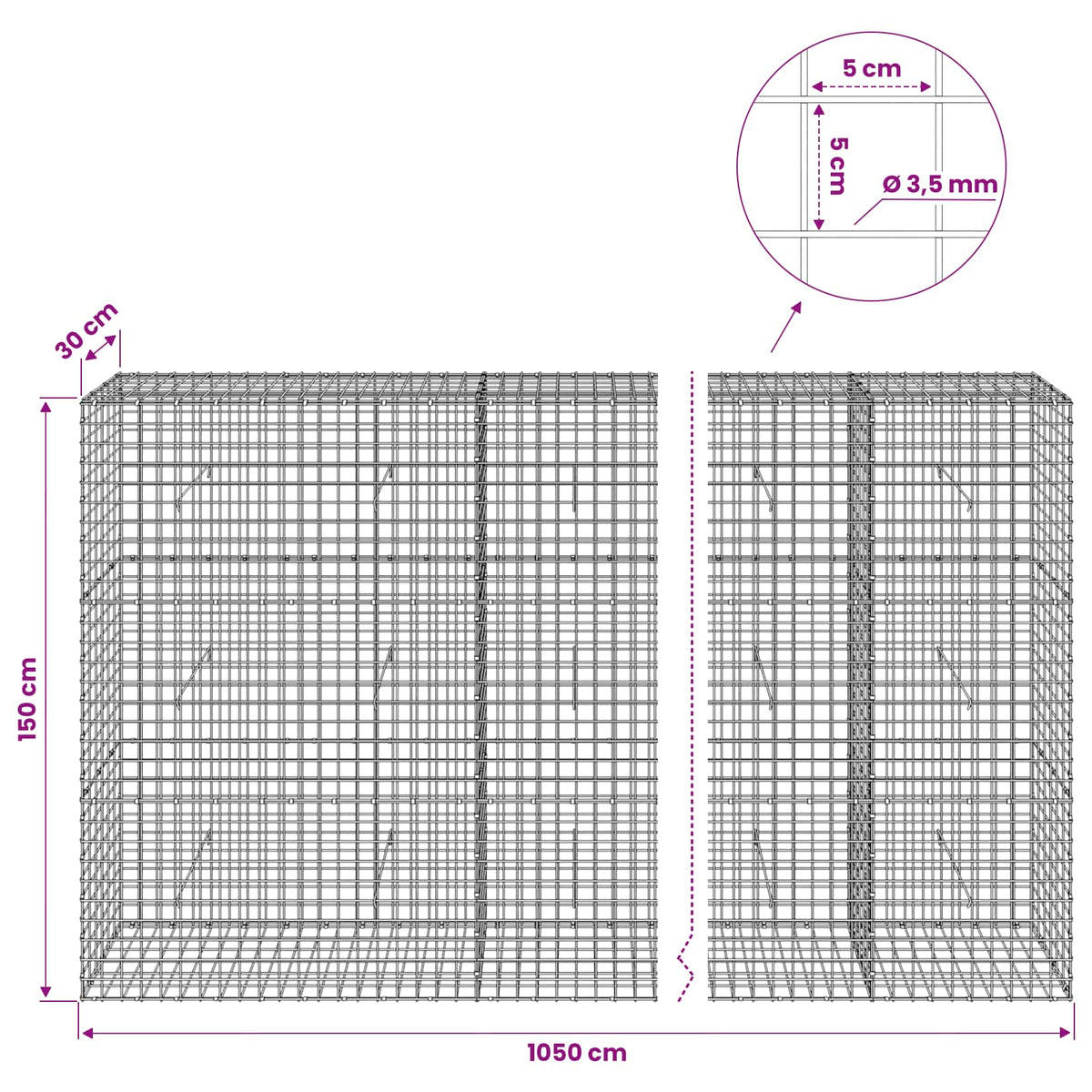 Gabion with 3.5 mm Wire and 5x5 cm Mesh 1050x30x150 cm