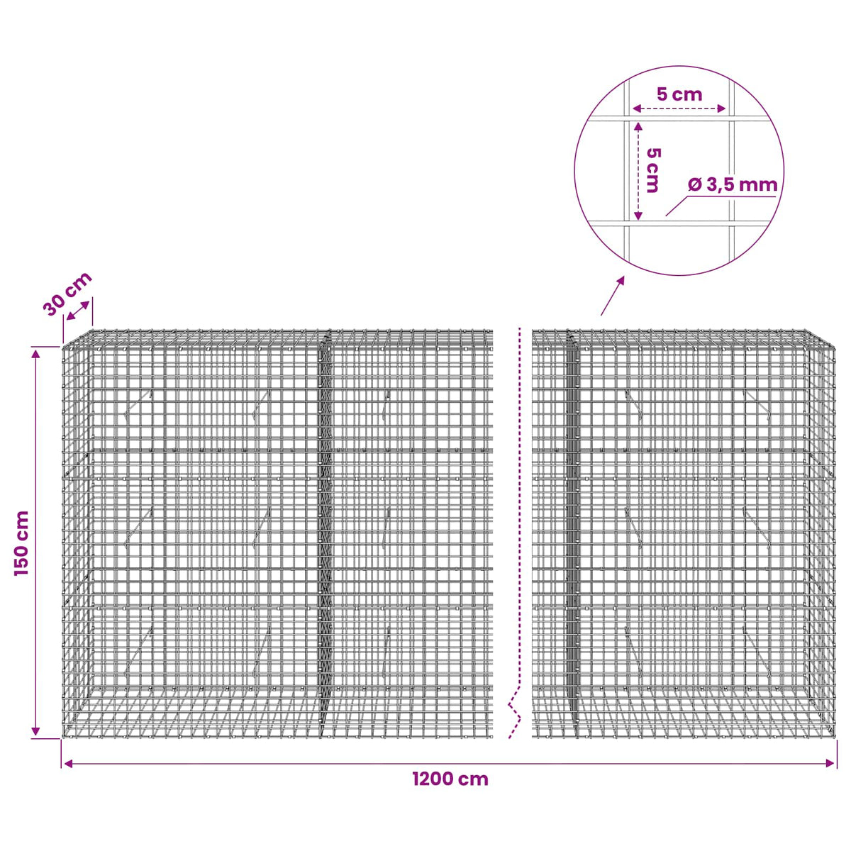 Gabion with 3.5 mm Wire and 5x5 cm Mesh 1200x30x150 cm