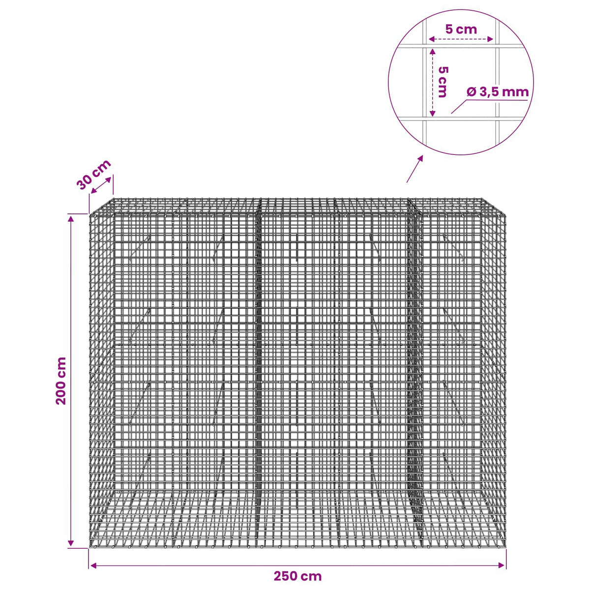 Gabion with 3.5 mm Wire and 5x5 cm Mesh 250x30x200 cm