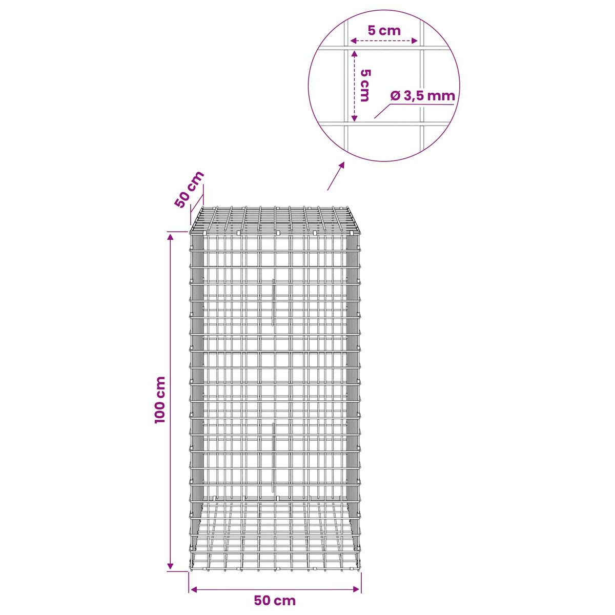 Gabion with 3.5 mm Wire and 5x5 cm Mesh 50x50x100 cm