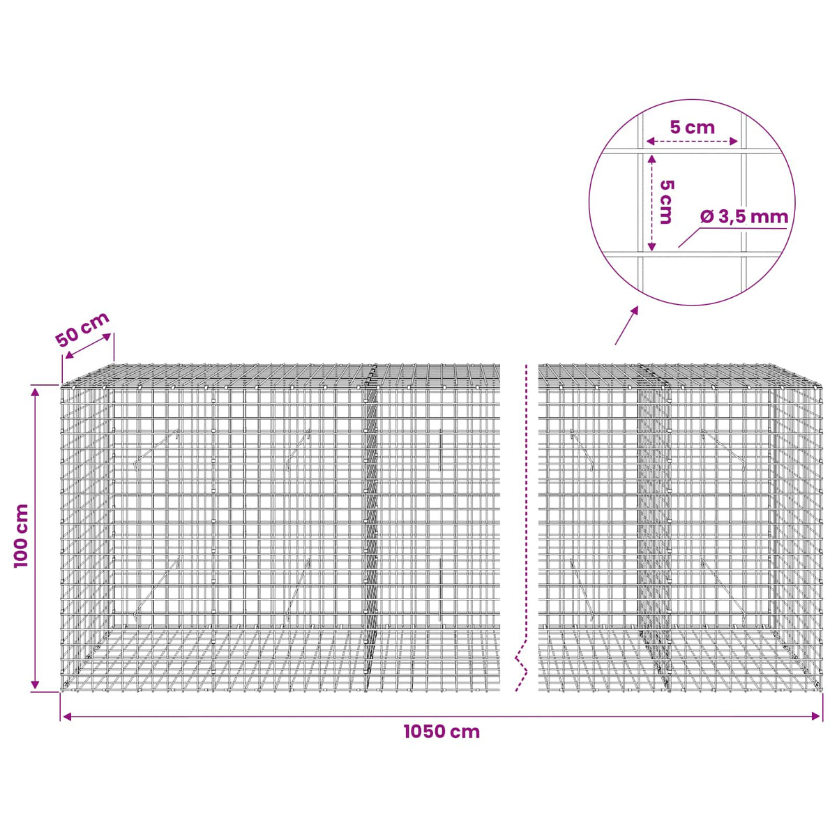 Gabion with 3.5 mm Wire and 5x5 cm Mesh 1050x50x100 cm