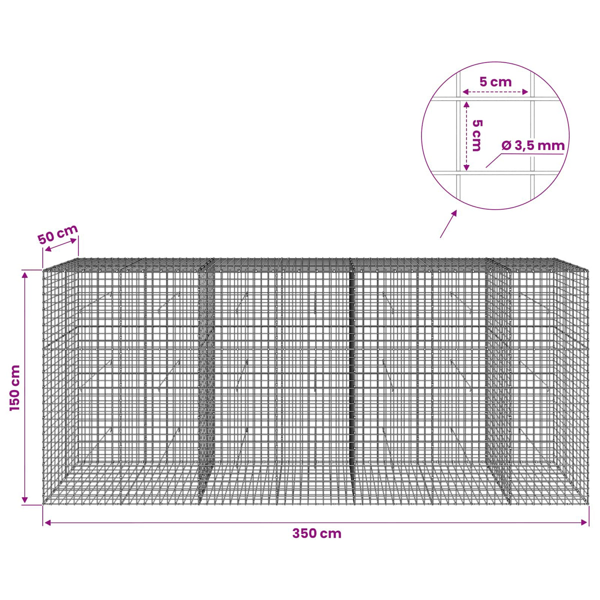 Gabion with 3.5 mm Wire and 5x5 cm Mesh 350x50x150 cm