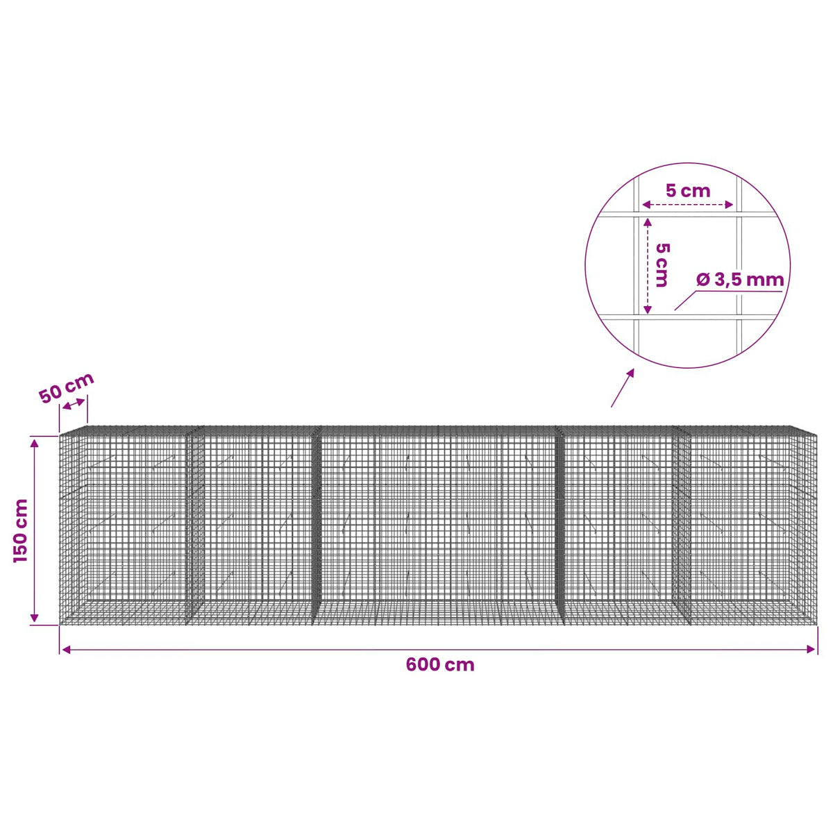 Gabion with 3.5 mm Wire and 5x5 cm Mesh 600x50x150 cm