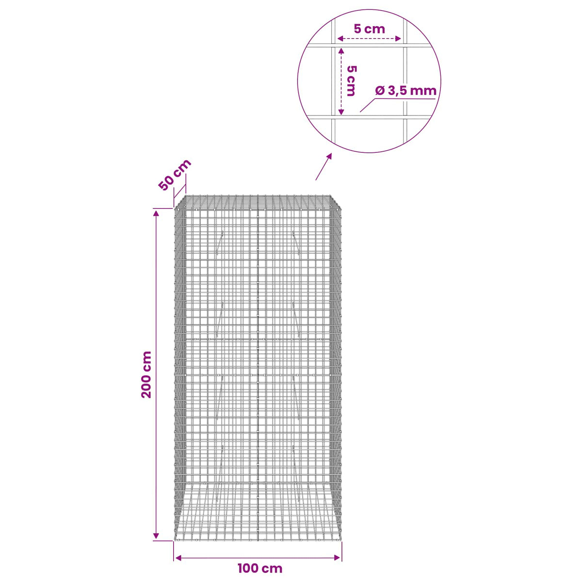 Gabion with 3.5 mm Wire and 5x5 cm Mesh 100x50x200 cm