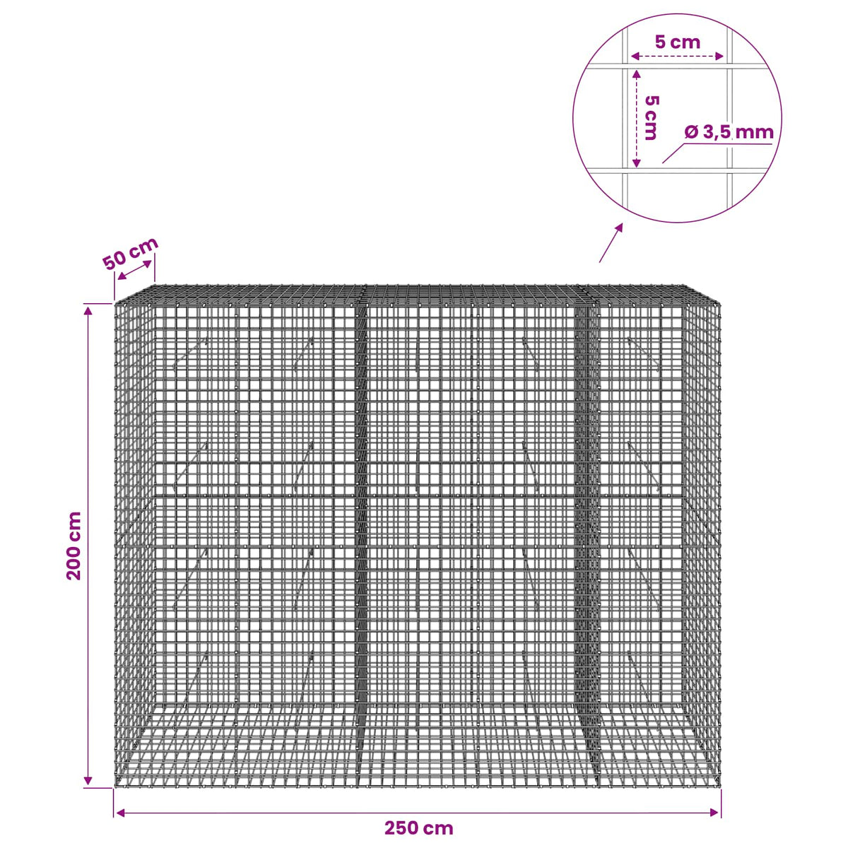 Gabion with 3.5 mm Wire and 5x5 cm Mesh 250x50x200 cm