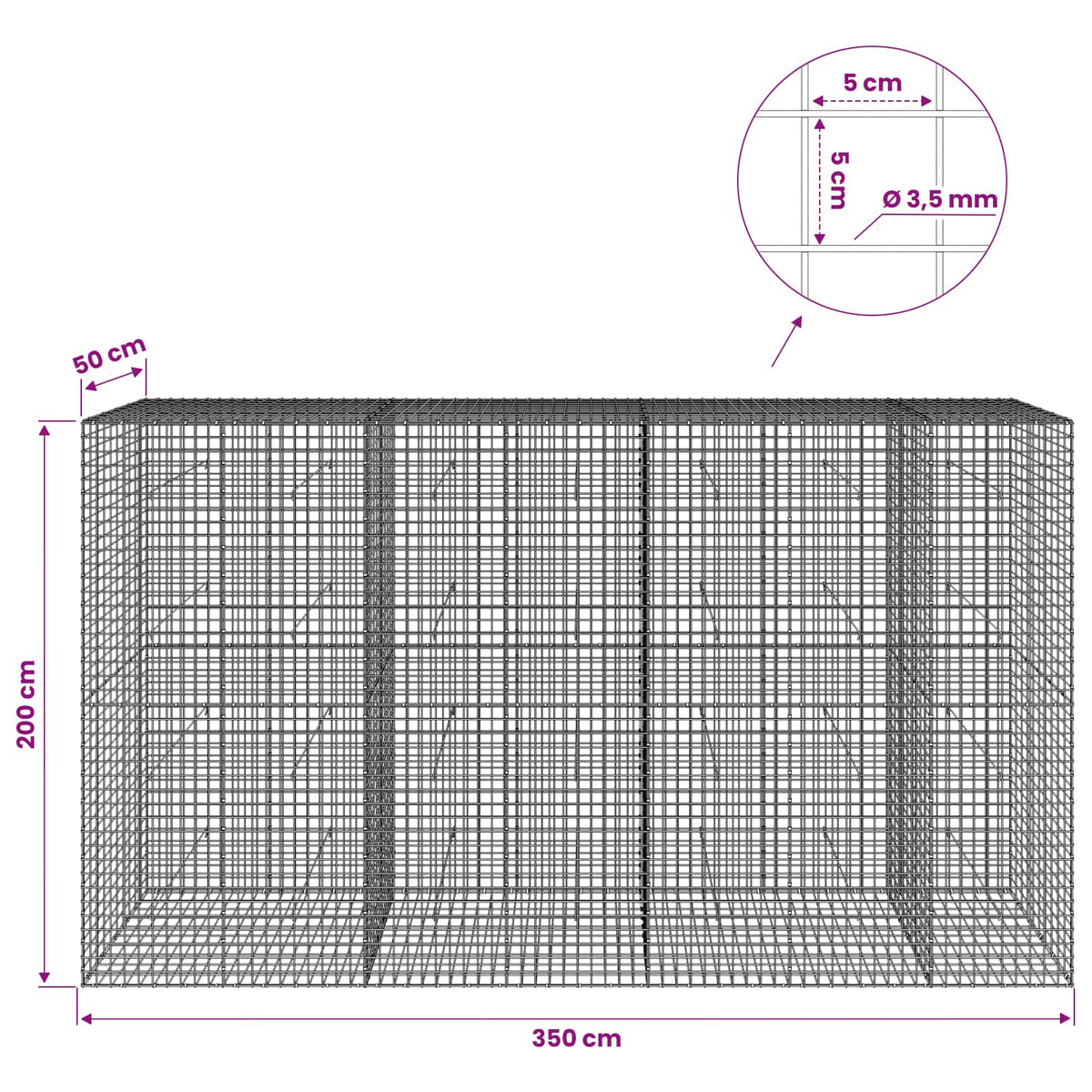 Gabion with 3.5 mm Wire and 5x5 cm Mesh 350x50x200 cm