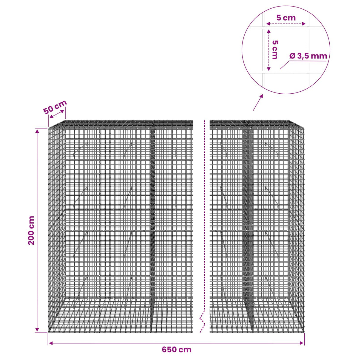 Gabion with 3.5 mm Wire and 5x5 cm Mesh 650x50x200 cm