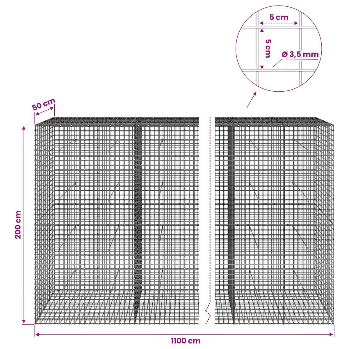 Gabion with 3.5 mm Wire and 5x5 cm Mesh 1100x50x200 cm
