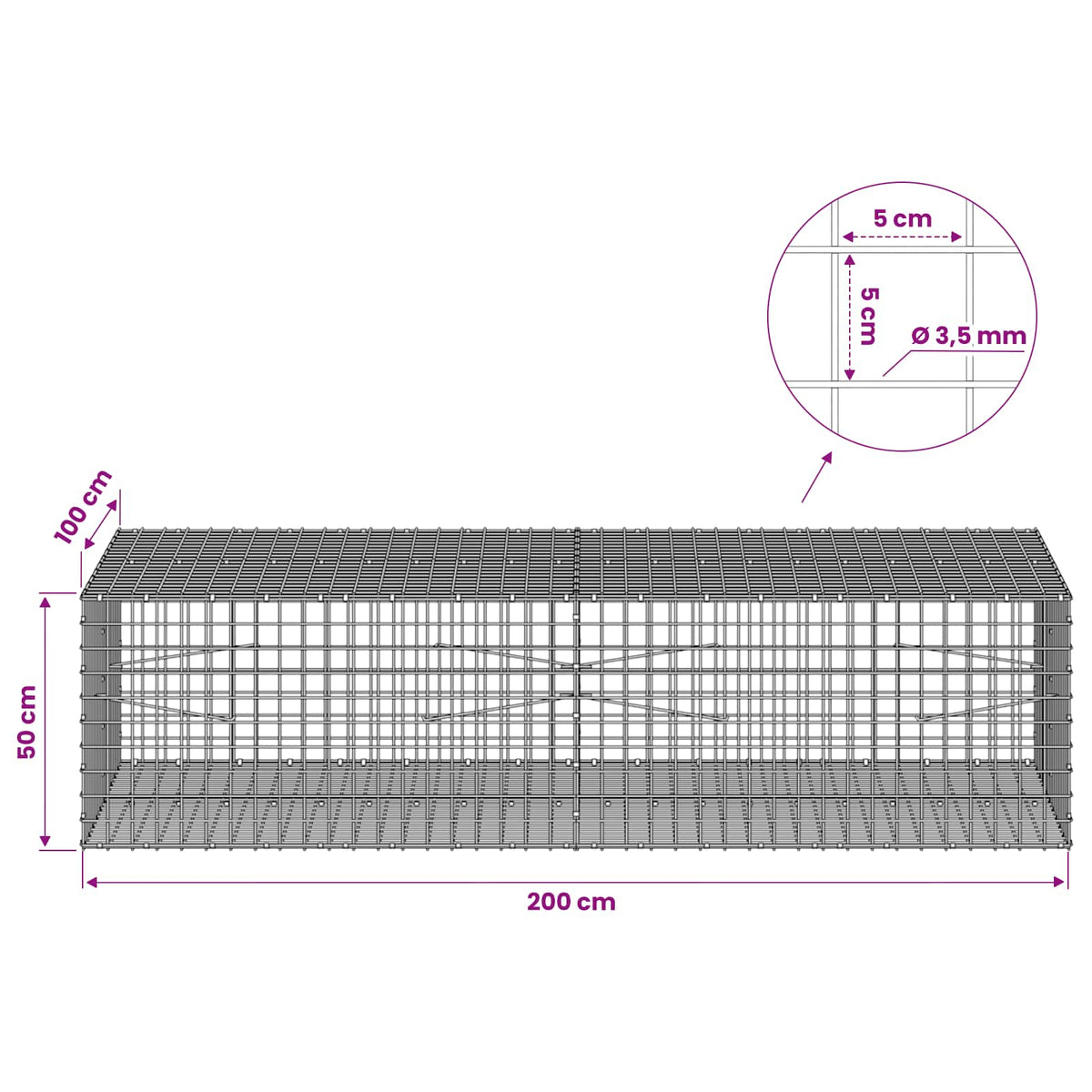Gabion with 3.5 mm Wire and 5x5 cm Mesh 200x100x50 cm