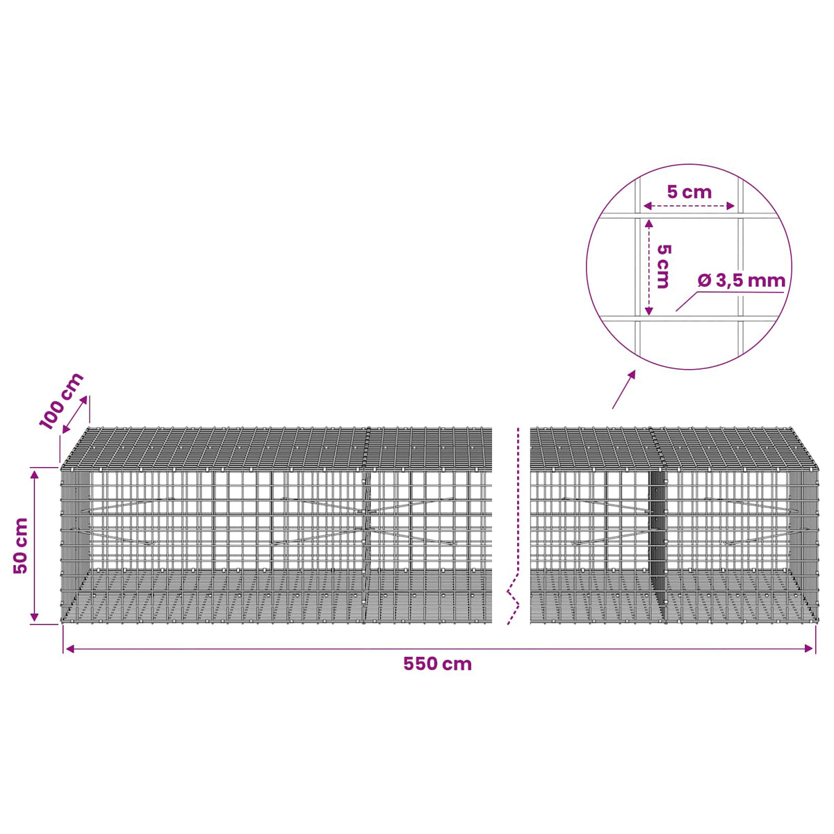 Gabion with 3.5 mm Wire and 5x5 cm Mesh 550x100x50 cm
