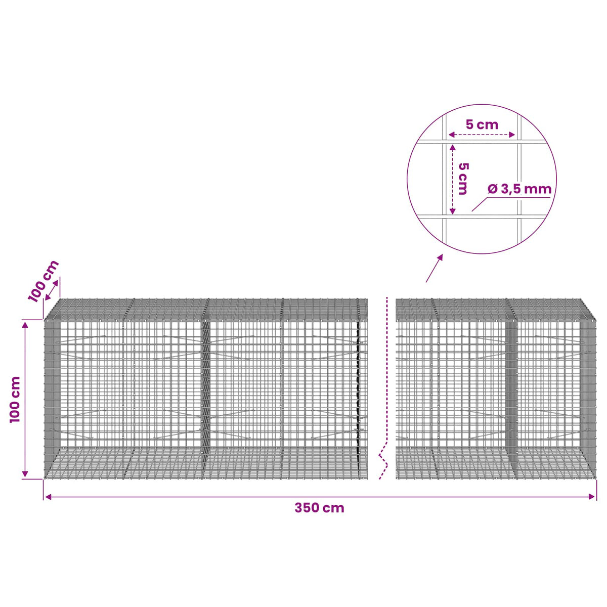 Gabion with 3.5 mm Wire and 5x5 cm Mesh 350x100x100 cm