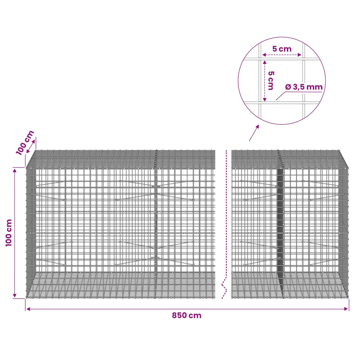 Gabion with 3.5 mm Wire and 5x5 cm Mesh 850x100x100 cm