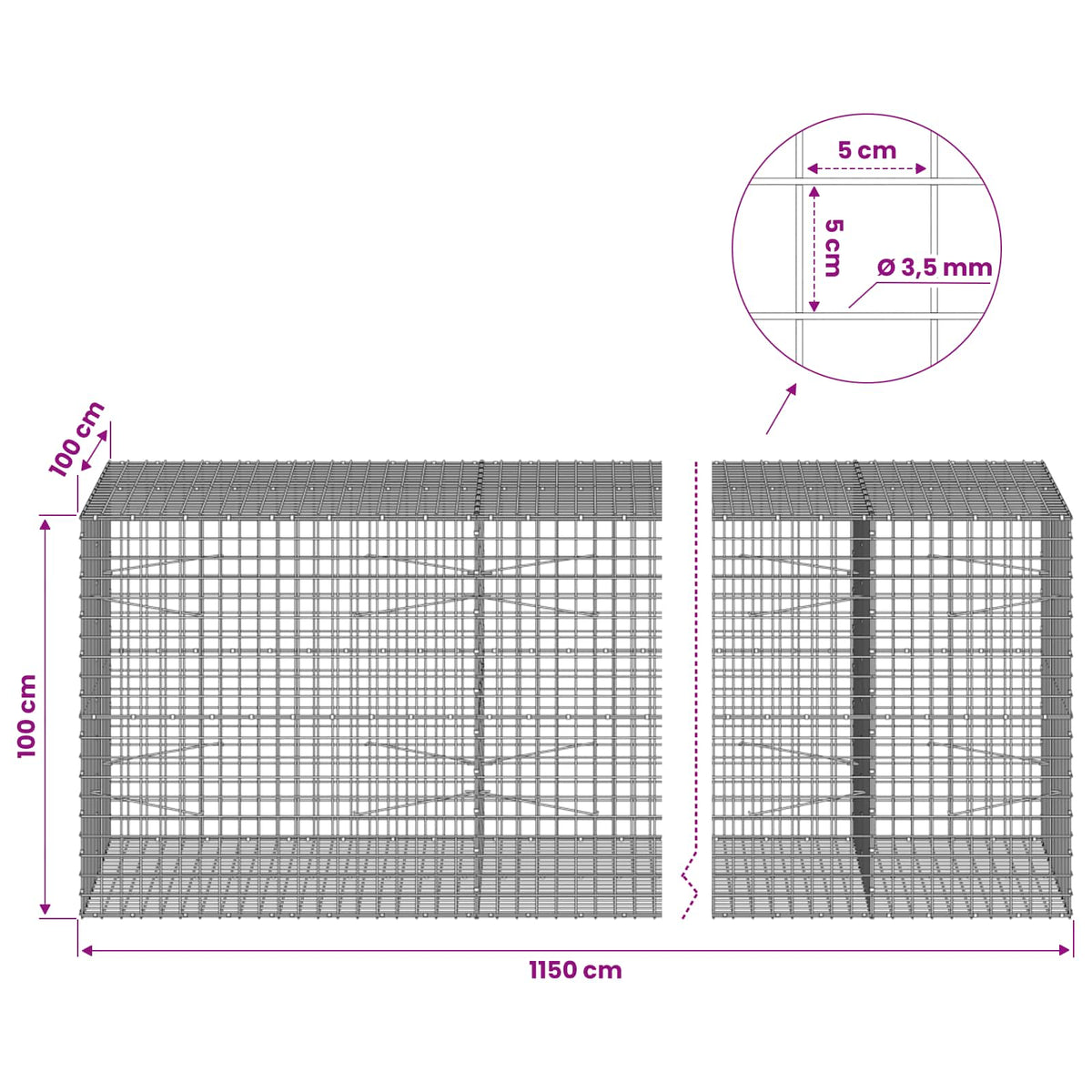 Gabion with 3.5 mm Wire and 5x5 cm Mesh 1150x100x100 cm