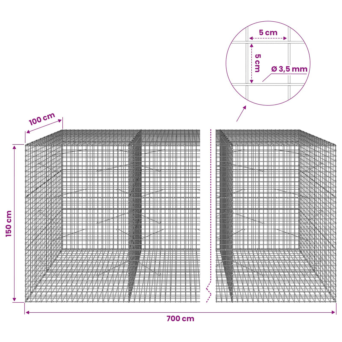 Gabion with 3.5 mm Wire and 5x5 cm Mesh 700x100x150 cm