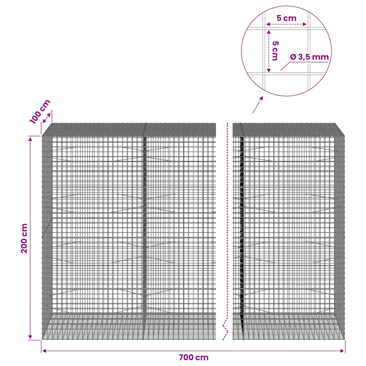 Gabion with 3.5 mm Wire and 5x5 cm Mesh 700x100x200 cm