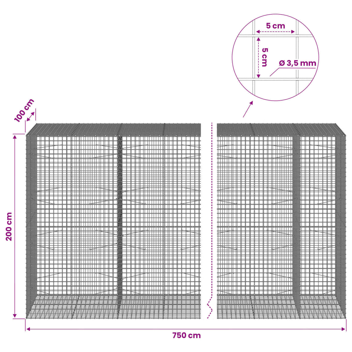 Gabion with 3.5 mm Wire and 5x5 cm Mesh 750x100x200 cm