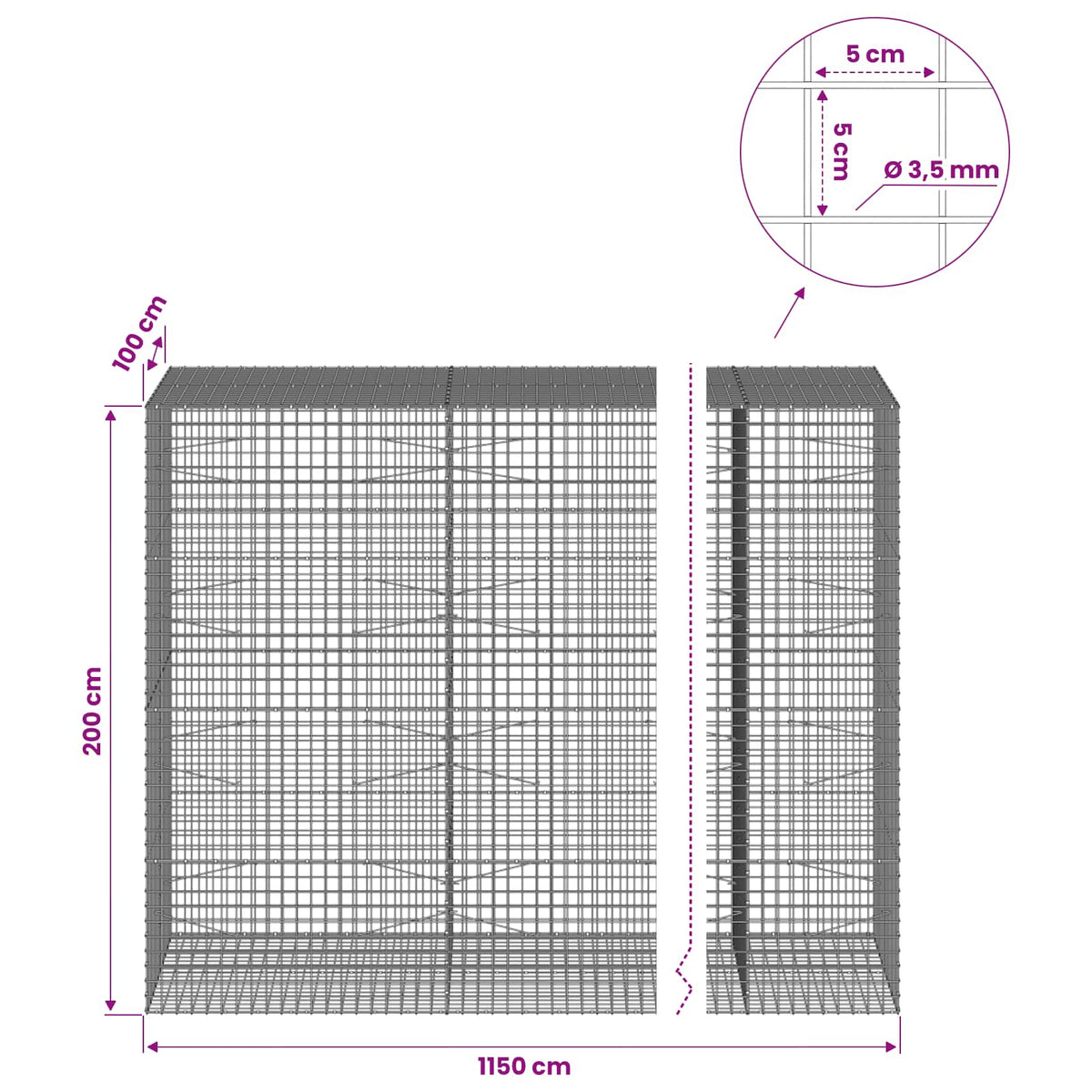 Gabion with 3.5 mm Wire and 5x5 cm Mesh 1150x100x200 cm