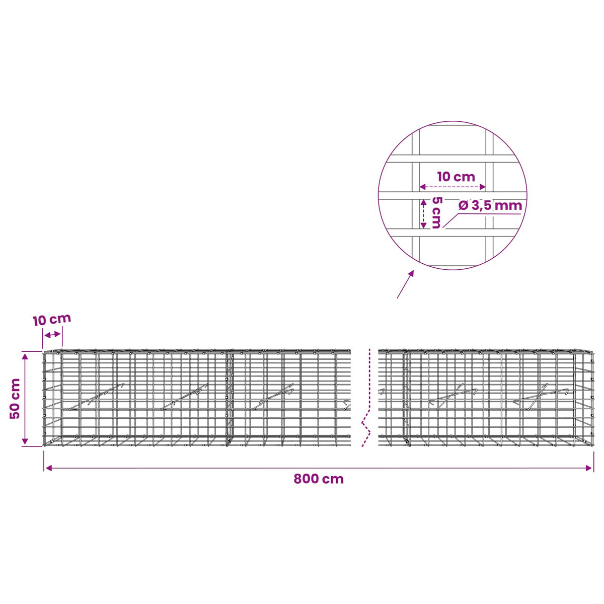 Gabion with 3.5 mm Wire and 5x10 cm Mesh 800x10x50 cm