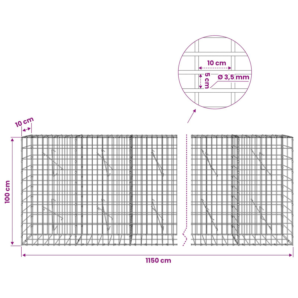 Gabion with 3.5 mm Wire and 5x10 cm Mesh 1150x10x100 cm