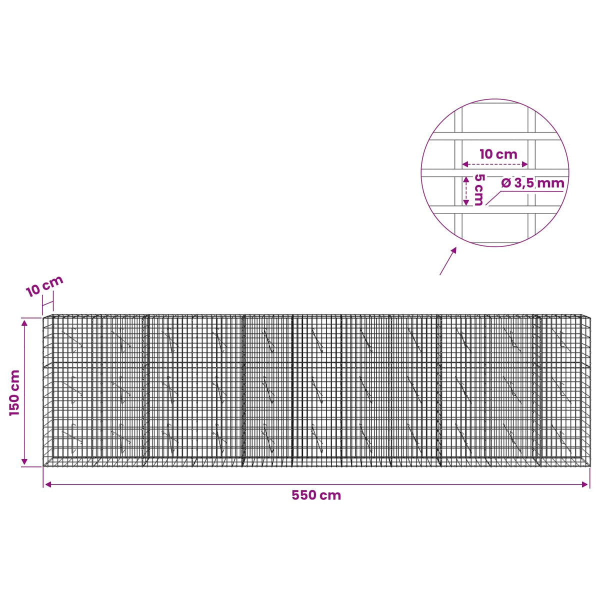 Gabion with 3.5 mm Wire and 5x10 cm Mesh 550x10x150 cm