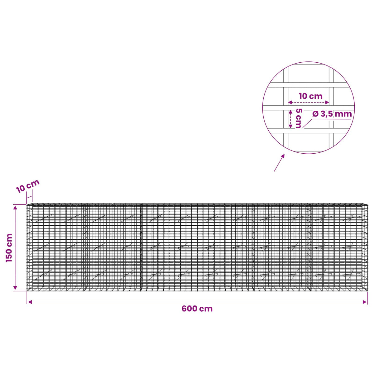 Gabion with 3.5 mm Wire and 5x10 cm Mesh 600x10x150 cm