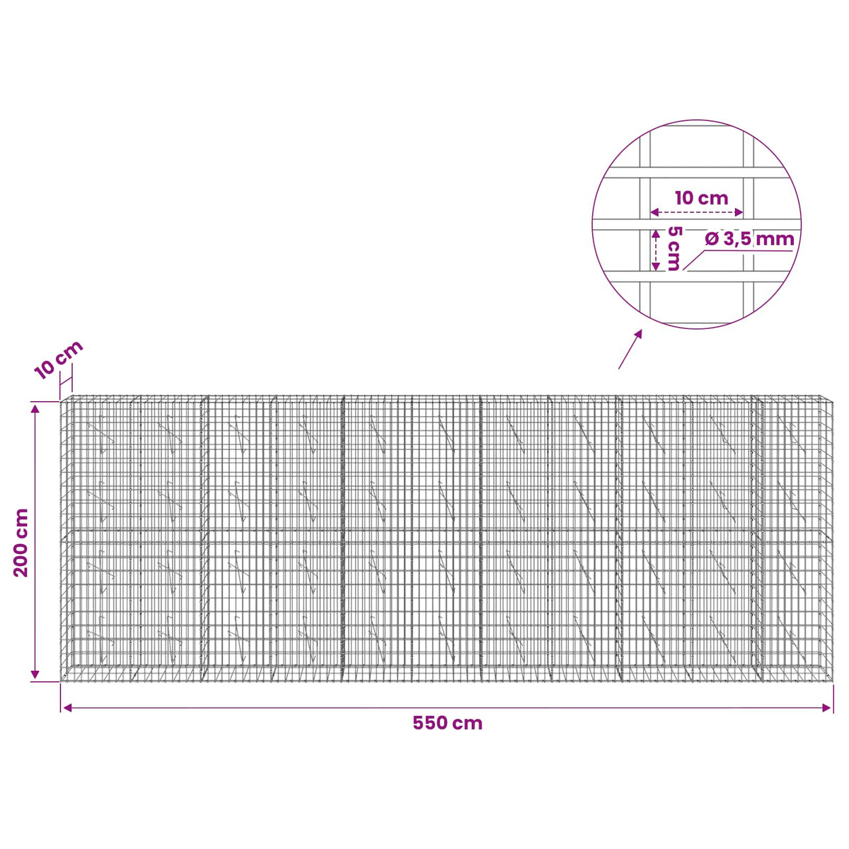 Gabion with 3.5 mm Wire and 5x10 cm Mesh 550x10x200 cm